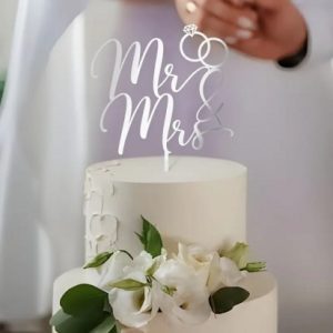 Cake Topper “Mr. and Mrs.” Silver 5.5″