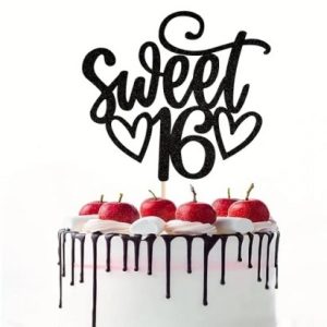 Cake Topper "Sweet 16" Black Glitter 5"