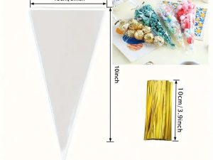 Clear 10Inch Cone Treat Bags with Gold Ties 50 count