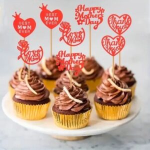 Mother's Day Red Glitter Cupcake Picks 12 Count