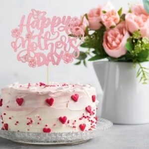 Happy Mom Day Pink Glitter Cake Topper