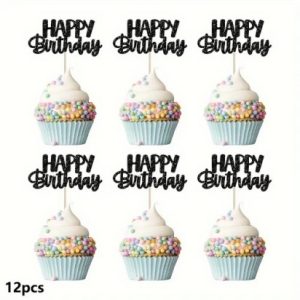 Happy Birthday Black Cupcake Picks 12 count