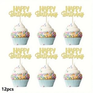 Glitter Happy Birthday Gold Cupcake Picks 12 count