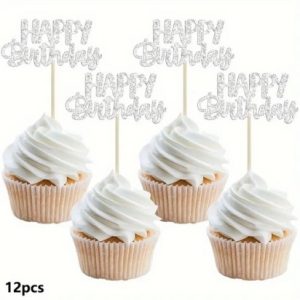 Happy Birthday Cupcake Picks Silver 12 Count