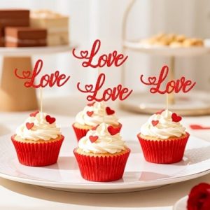 Cupcake Topper Picks "LOVE" Glittery Red 6 Count
