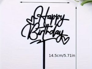 Cake Top Happy Birthday Black Double Hearts