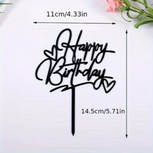 Cake Top Happy Birthday Black Double Hearts